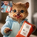 A mischievous toddler with big curious eyes is caught red-handed with a chocolate-smeared face and hands, holding a crinkled snack bag in a cozy kitchen setting filled with playful clutter.
