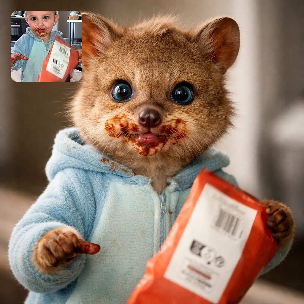 A mischievous toddler with big curious eyes is caught red-handed with a chocolate-smeared face and hands, holding a crinkled snack bag in a cozy kitchen setting filled with playful clutter.