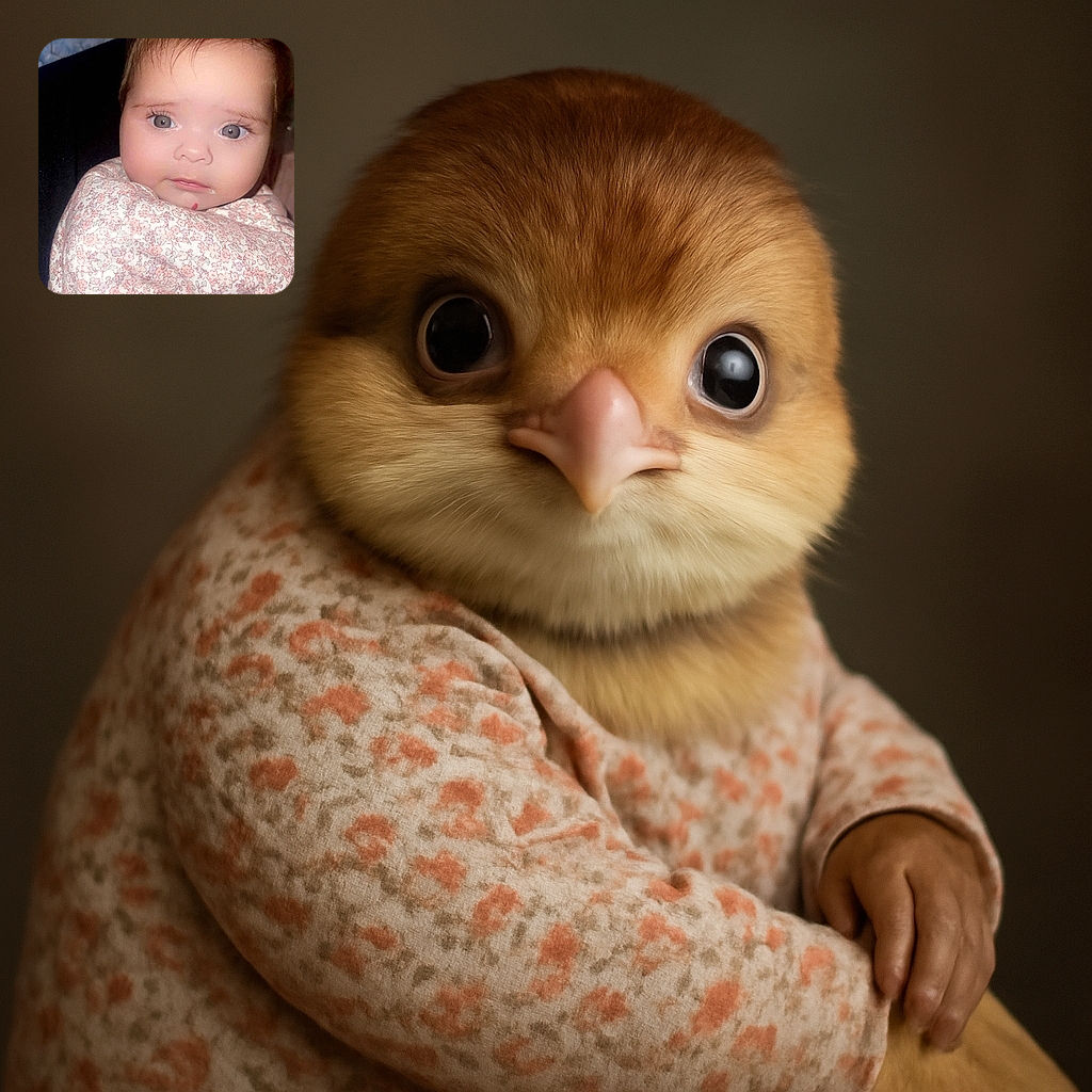 A close-up of a wide-eyed baby wrapped snugly in a floral patterned blanket, looking curiously at the camera with a tiny dab of drool on the chin, set against a softly blurred background.
