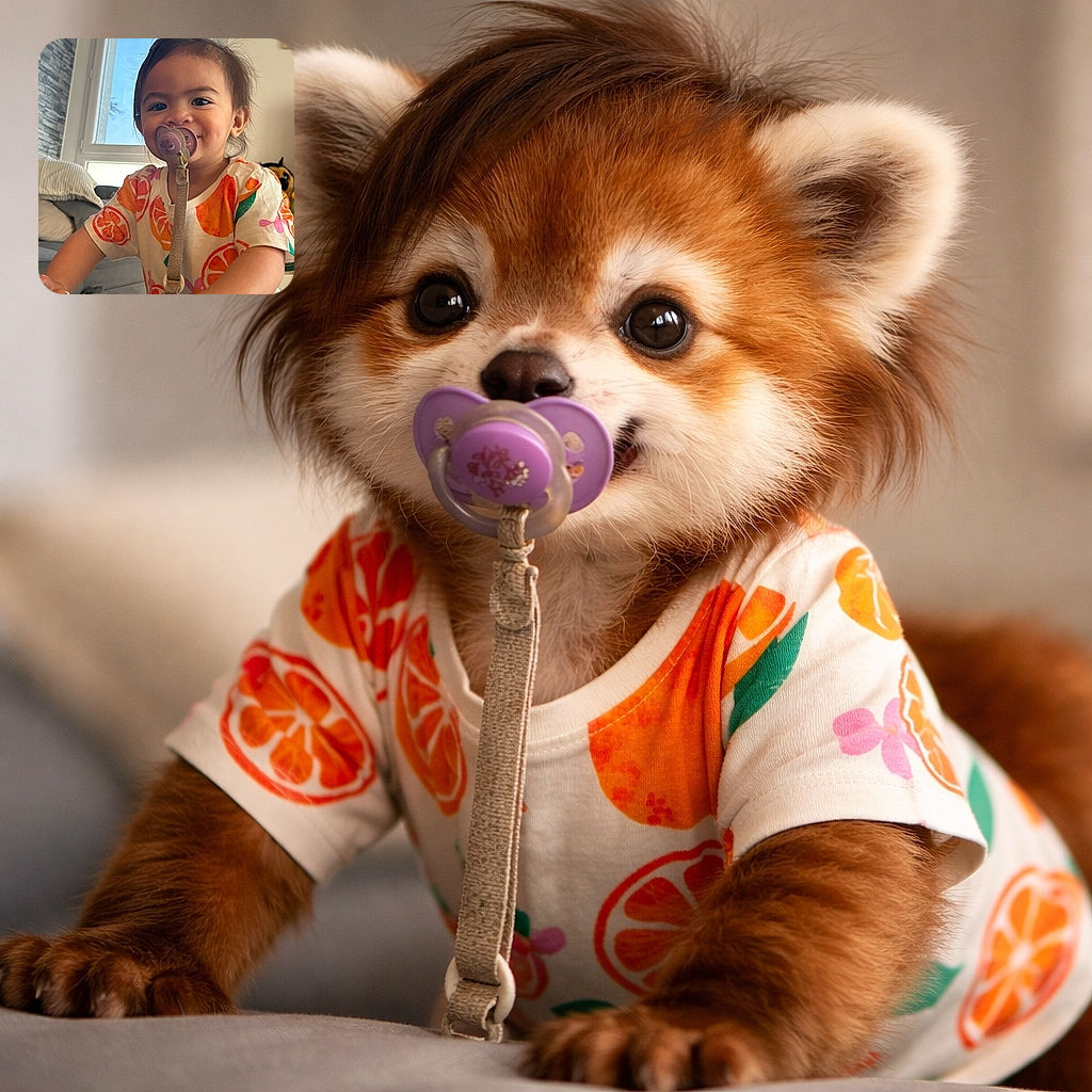 A cheerful toddler with a pacifier clipped to their colorful orange-themed shirt is leaning forward with curious hands on a surface, framed by a cozy living room setting with a soft couch and a window letting in natural light.