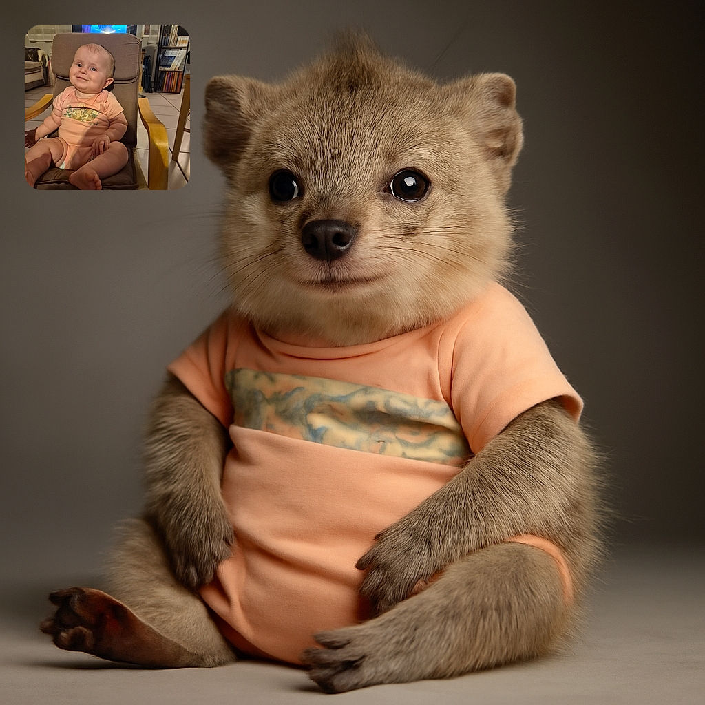 A smiling baby in a peach onesie sits comfortably on a cushioned chair with wooden armrests, looking slightly amused. The background shows a cozy living room with a TV displaying a bright blue scene, a bookshelf filled with books and plants, and tiled flooring.
