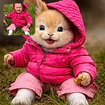 A cheerful baby in a bright pink hooded jacket sits happily on the grassy field, clutching a small object in each hand, surrounded by dandelions and fresh green grass, radiating pure joy and innocence.