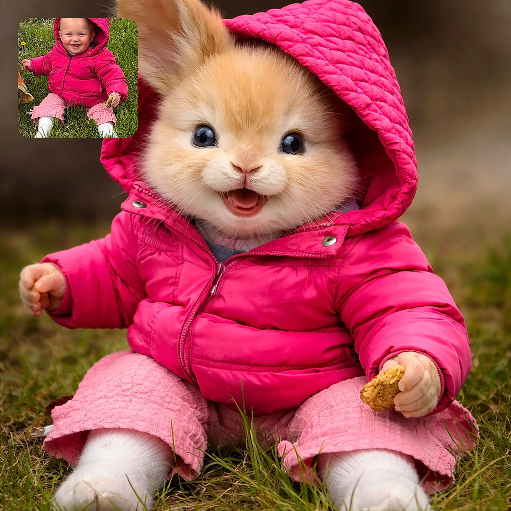 A cheerful baby in a bright pink hooded jacket sits happily on the grassy field, clutching a small object in each hand, surrounded by dandelions and fresh green grass, radiating pure joy and innocence.