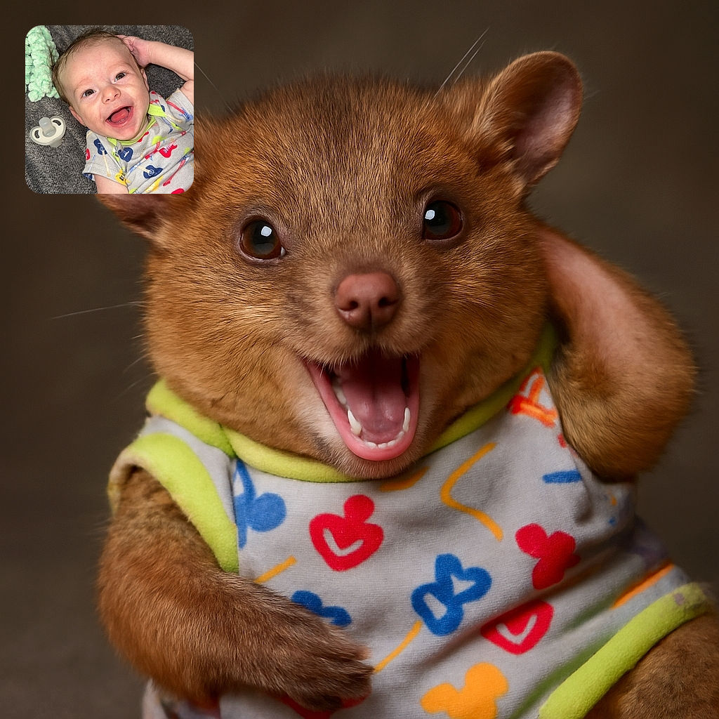 A joyful baby with a wide open smile, wearing a colorful guitar-patterned onesie, lying on a soft gray blanket with a pacifier and a mint-green plush toy nearby, radiating pure happiness and innocence.
