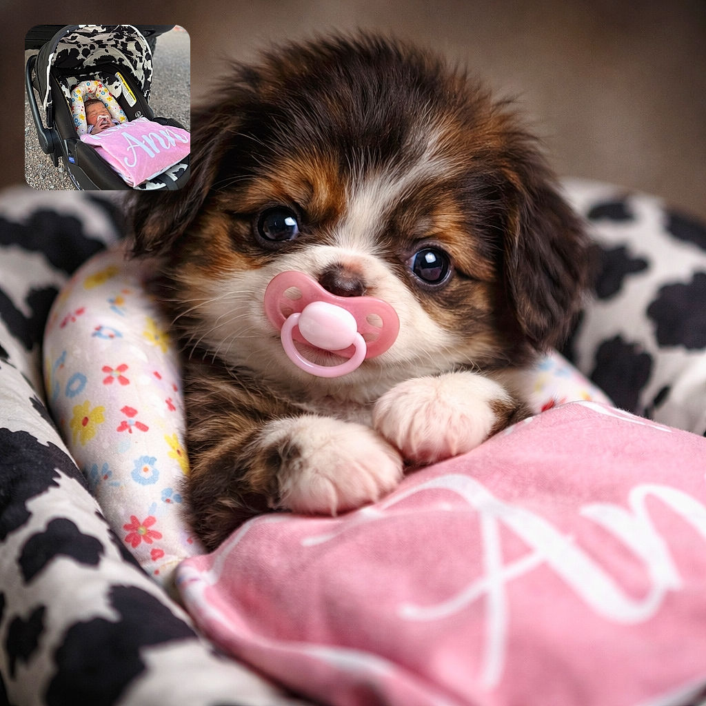 A peaceful newborn is swaddled in a floral pillow and pink blanket, pacifier in place, reclining in a cow-print car seat parked in front of a rugged vehicle — tiny royalty meeting rough gravel. The shot is cozy and candid, with shallow depth of field making the baby the undeniable star while the bumper provides a dramatic backdrop.