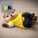 A little toddler in a bright yellow top and navy pants is lying on a patterned stone pavement, looking up with curiosity and a slight smile, surrounded by neat square tiles that create a quirky, geometric backdrop.