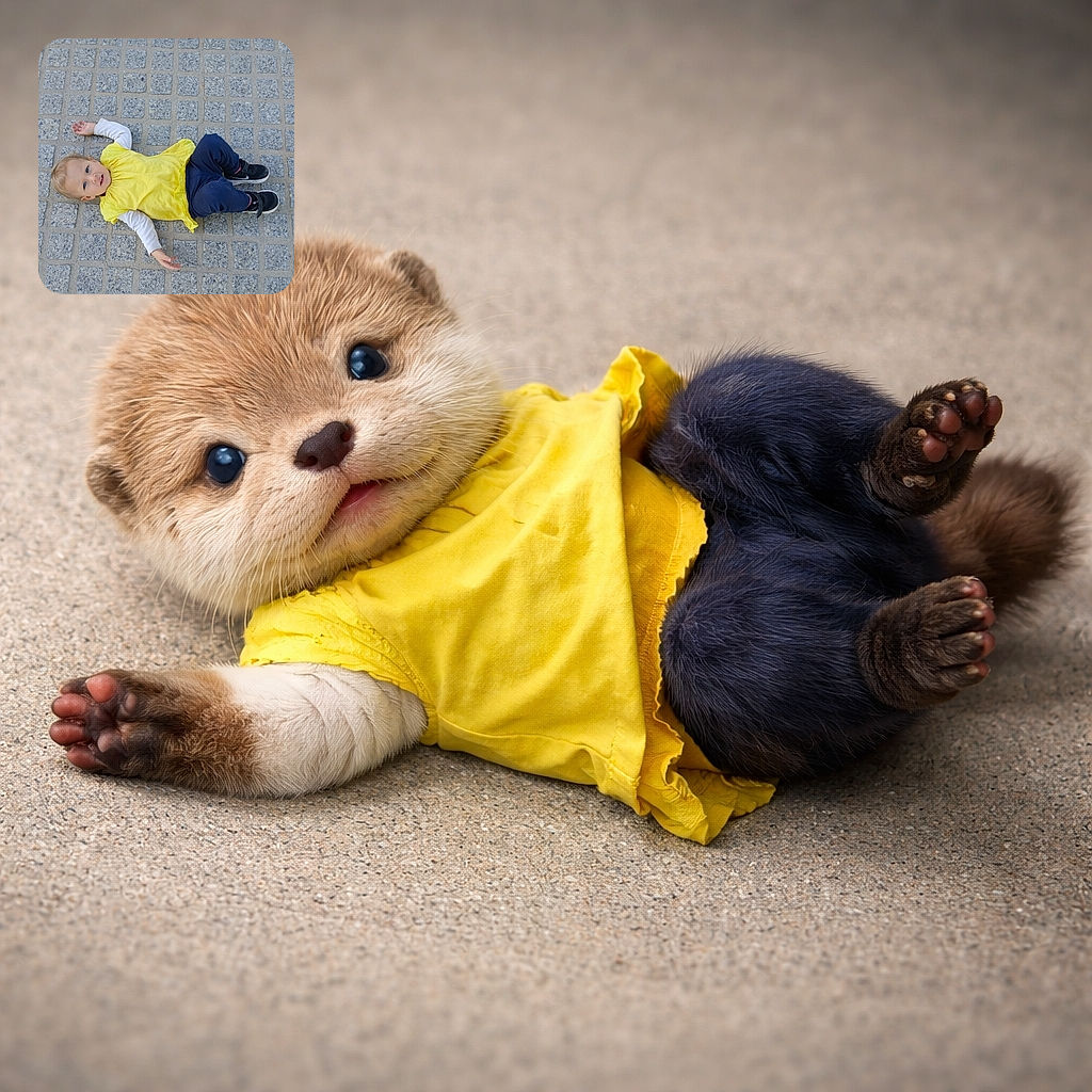 A little toddler in a bright yellow top and navy pants is lying on a patterned stone pavement, looking up with curiosity and a slight smile, surrounded by neat square tiles that create a quirky, geometric backdrop.