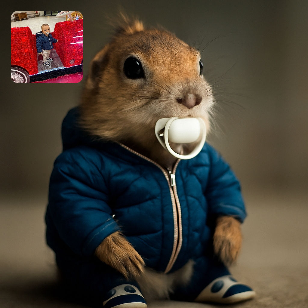 A curious toddler with a pacifier stands inside a festive, red, tinsel-covered car decoration, wearing a cozy navy jacket and sneakers, in a spacious indoor area with tiled floors and benches.