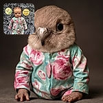 A serious-faced baby in a floral onesie lies on a fluffy gray rug, flanked by two round milestone signs saying 'Two Months' and 'Hello Summer', making the scene adorably official.
