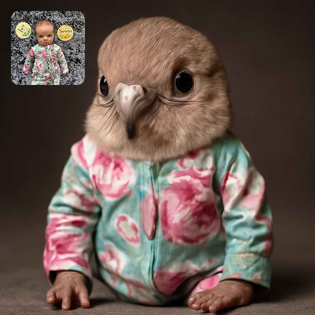 A serious-faced baby in a floral onesie lies on a fluffy gray rug, flanked by two round milestone signs saying 'Two Months' and 'Hello Summer', making the scene adorably official.