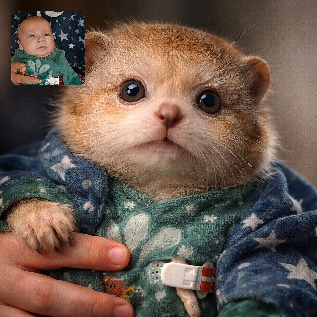 A chubby-cheeked baby stares off-camera while being cradled against a star-patterned blanket — tiny hand held by an adult, a pacifier clip clipped to the onesie, and an expression that reads ‘deep thoughts or nap time?’