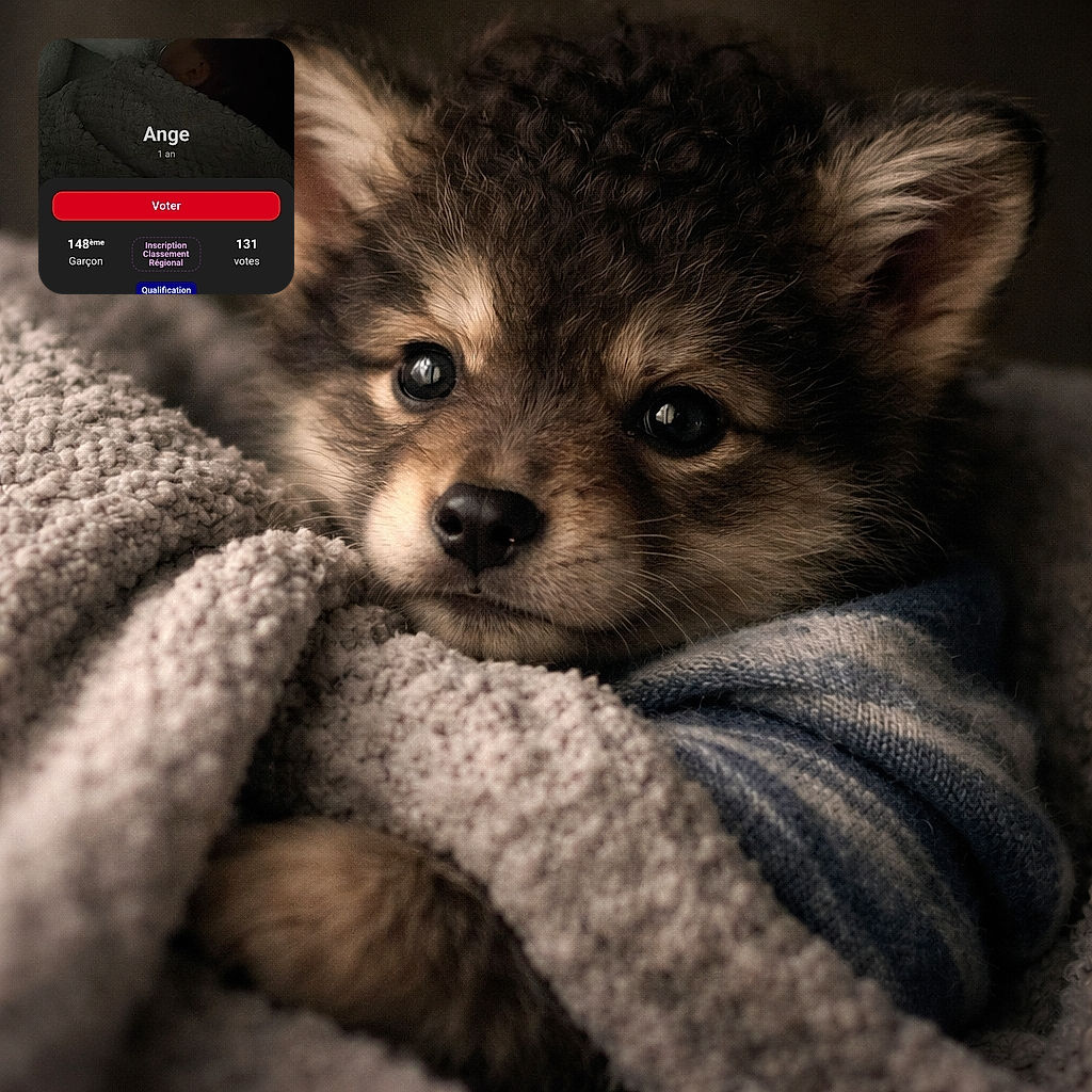 A dimly lit photo of a sleeping child wrapped in a cozy blanket, with a pacifier in their mouth. The image is part of a voting or contest webpage with various text overlays and interface elements surrounding the child.