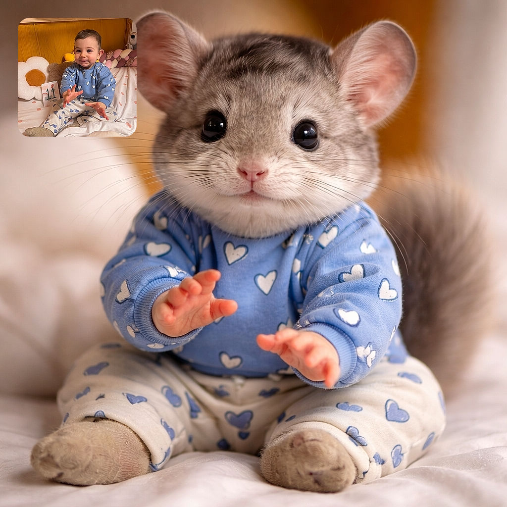 A delighted baby in heart-print pajamas sits propped on a cozy bed under a mustard canopy, reaching toward the camera while a milestone card and plush pillows form a soft, colorful backdrop — equal parts tiny hand drama and interior design goals.