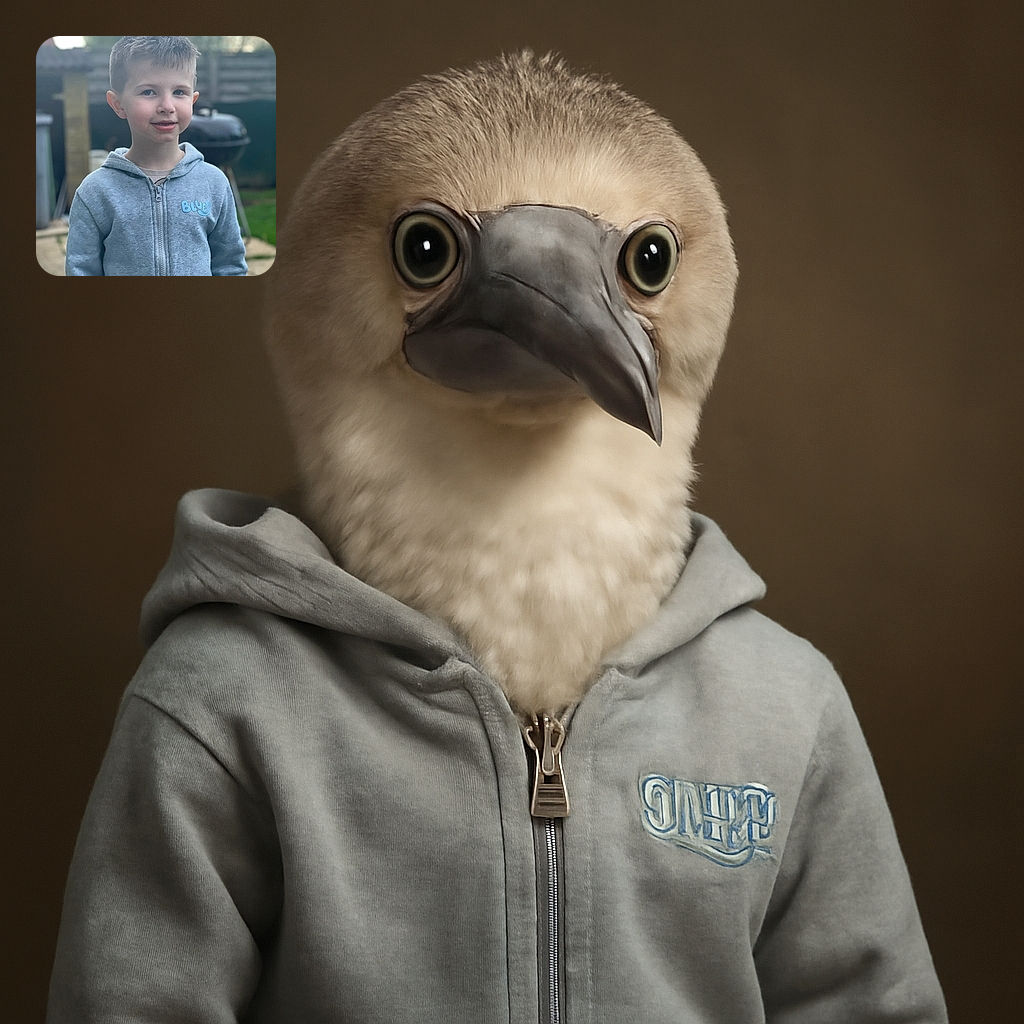 A young boy with a fresh haircut and a subtle smile stands outdoors wearing a cozy grey hoodie with a playful 'Bluey' logo, set against a softly blurred backyard scene with a grill and garden elements.