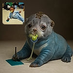 A toddler in light blue pajamas is lying on a tiled floor with a pacifier in their mouth, holding a small object and a card, surrounded by a slightly cluttered room with furniture and bags.