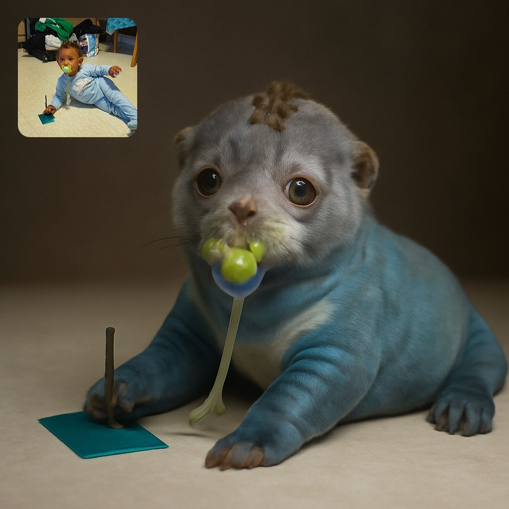 A toddler in light blue pajamas is lying on a tiled floor with a pacifier in their mouth, holding a small object and a card, surrounded by a slightly cluttered room with furniture and bags.