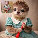 A tiny, determined food engineer in a frilly dress wields a red spoon like a pro, smearing banana and suspicious green jelly across the tray while posing for a royal portrait in front of wooden cabinets.