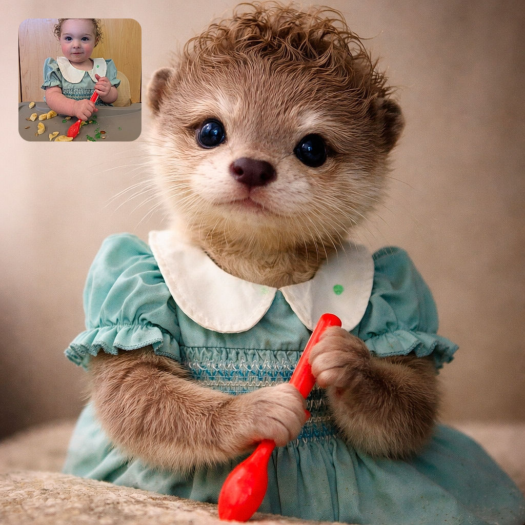 A tiny, determined food engineer in a frilly dress wields a red spoon like a pro, smearing banana and suspicious green jelly across the tray while posing for a royal portrait in front of wooden cabinets.