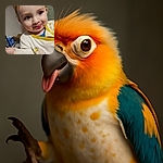 A curious toddler with big eyes and a playful tongue-out expression wears a cozy outfit with a cute bear print, seemingly caught mid-gesture in a warm indoor setting cluttered with toys and household items.