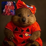 A smiling baby dressed in a bright orange outfit with black triangles and a matching bow, lying on a dark surface with a playful, slightly blurred hand motion.