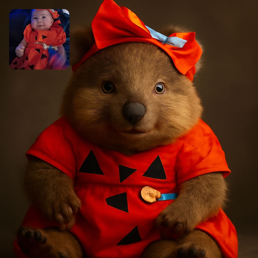 A smiling baby dressed in a bright orange outfit with black triangles and a matching bow, lying on a dark surface with a playful, slightly blurred hand motion.