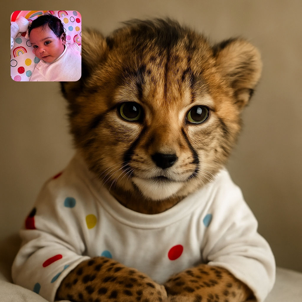 A curious baby with big dark eyes lies on a colorful rainbow and polka dot patterned blanket, reaching out with a tiny hand, surrounded by soft toys and cozy vibes.