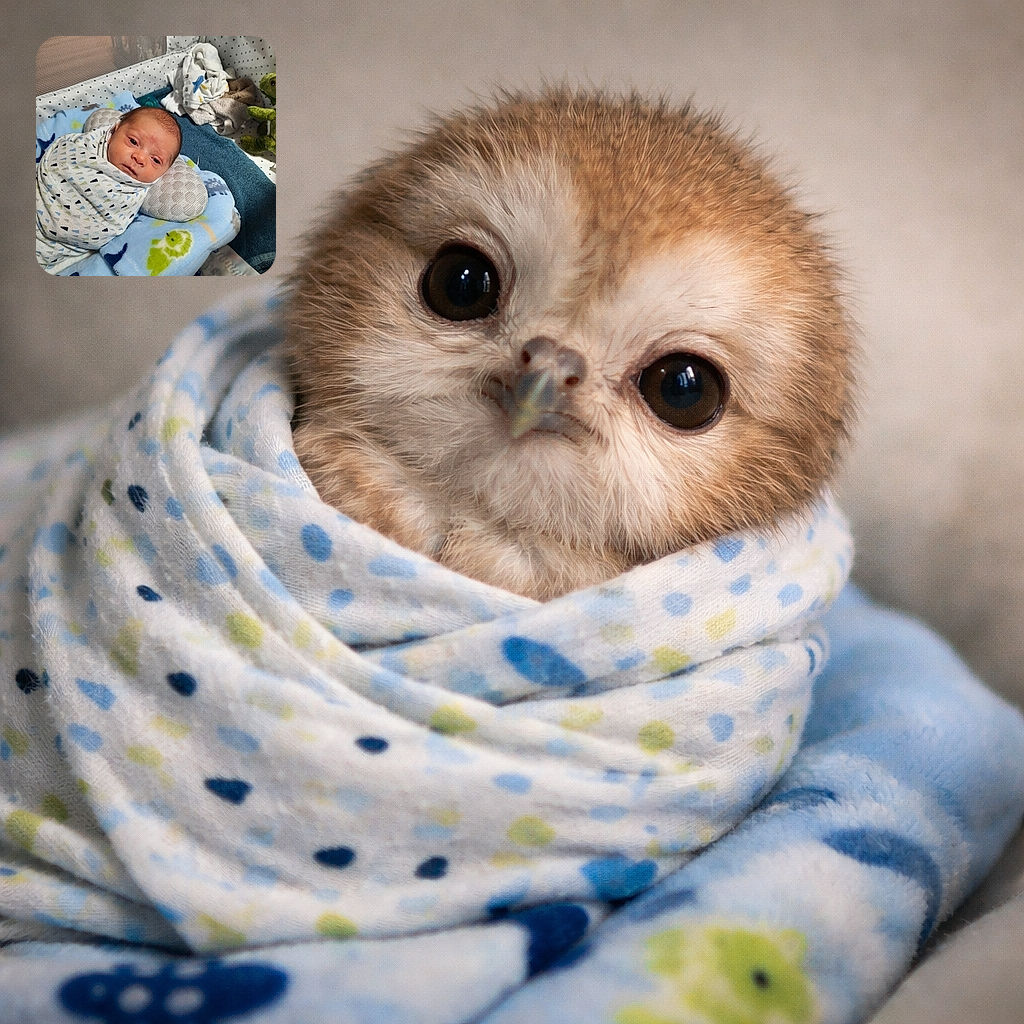A tiny baby swaddled snugly in a patterned blanket lies on a soft blue pillow with dinosaur prints, surrounded by cozy blankets and a green plush turtle, looking curiously at the camera with wide eyes.