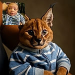 A wide-eyed baby dressed in a cozy blue and white striped outfit gazes curiously at the camera while being cradled gently, with a soft plaid background adding warmth to the scene.