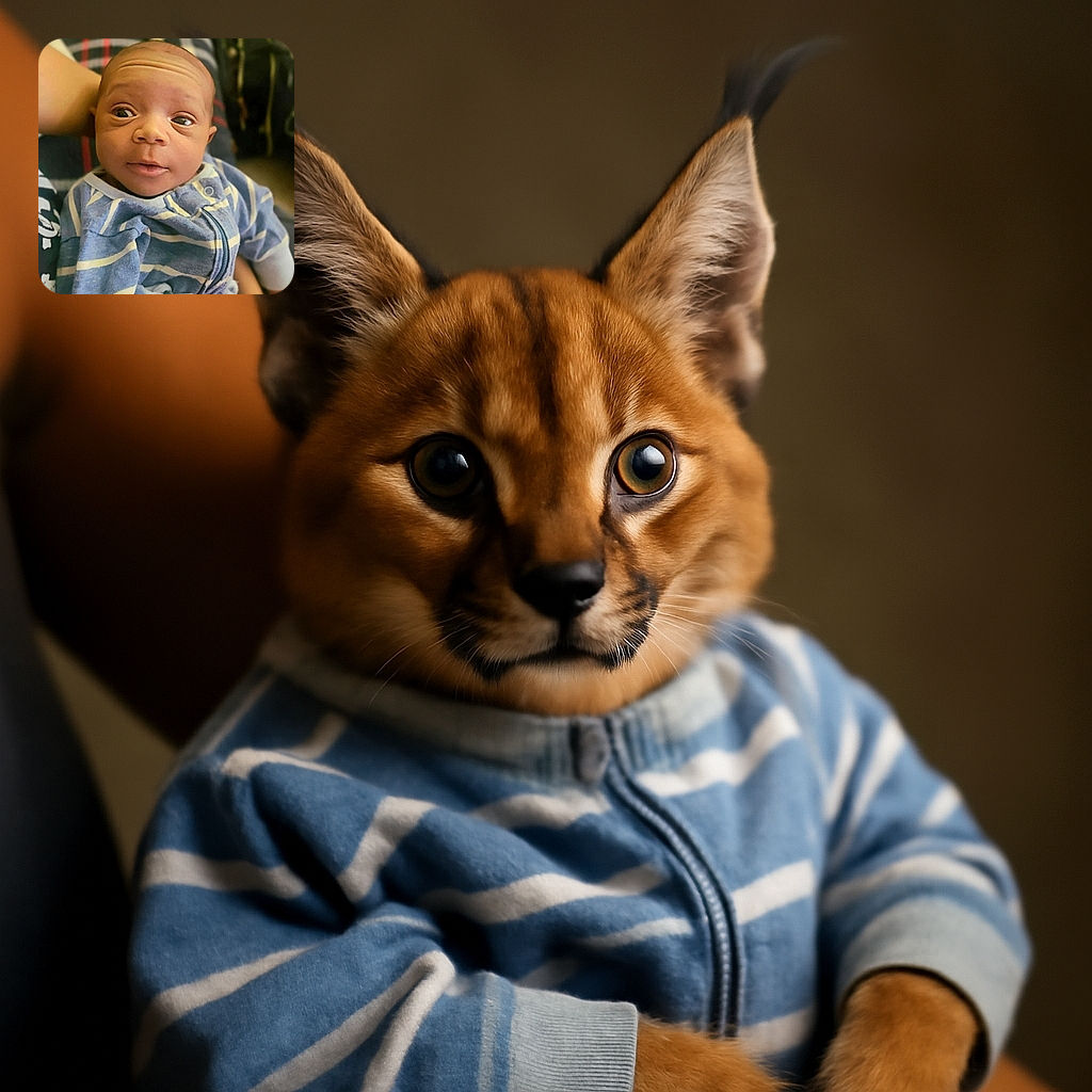 A wide-eyed baby dressed in a cozy blue and white striped outfit gazes curiously at the camera while being cradled gently, with a soft plaid background adding warmth to the scene.