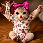 A cute baby wearing a bright pink bow headband and a playful animal-patterned onesie sticks out their tongue with arms wide open, lying on a cozy brown blanket. The photo captures an adorable moment with warm lighting and sharp focus.