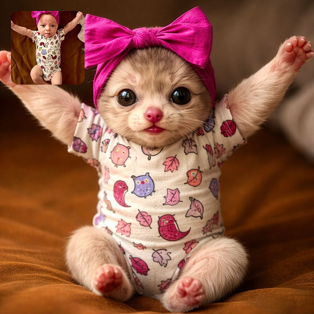 A cute baby wearing a bright pink bow headband and a playful animal-patterned onesie sticks out their tongue with arms wide open, lying on a cozy brown blanket. The photo captures an adorable moment with warm lighting and sharp focus.