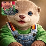 A close-up of a wide-eyed baby with bright blue eyes, wearing a green shirt and denim overalls with rainbow-striped straps, sitting against a red background and reaching toward the camera with an inquisitive smile.