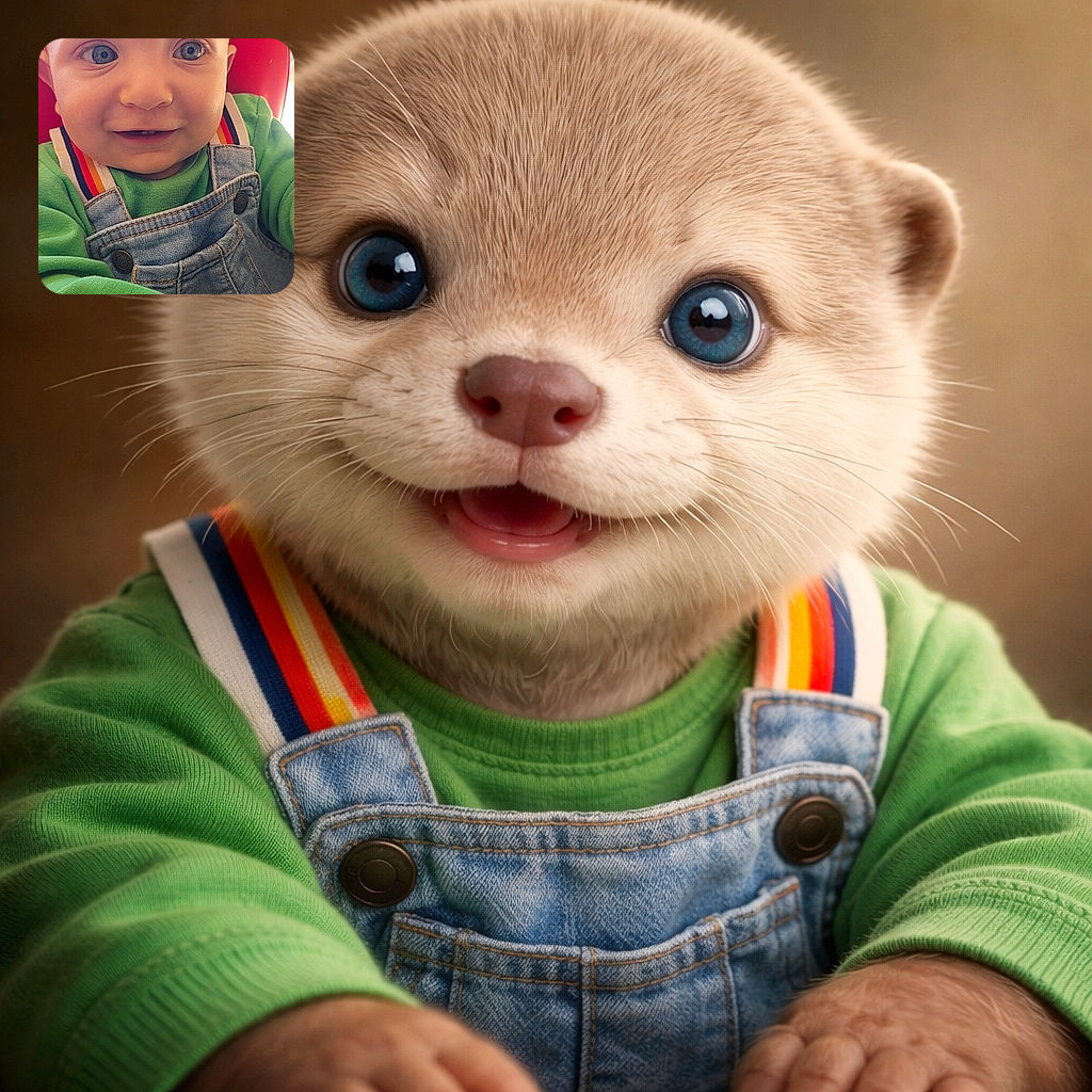 A close-up of a wide-eyed baby with bright blue eyes, wearing a green shirt and denim overalls with rainbow-striped straps, sitting against a red background and reaching toward the camera with an inquisitive smile.
