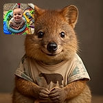 A smiling baby sits happily in a colorful activity center, clutching a snack with a backdrop of gravel and outdoor play area, radiating pure joy and curiosity.