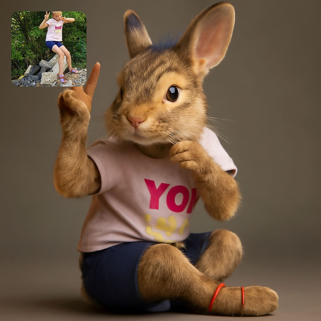 A playful young girl strikes a double peace sign pose while perched on a log surrounded by a rocky pile and lush green foliage, showing off her colorful sandals and confident attitude in a sunny outdoor setting.
