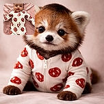 A cute baby lies on a soft pink sheet wearing a white onesie covered in red pretzel prints, looking curiously at the camera with big bright eyes and a slight smile.