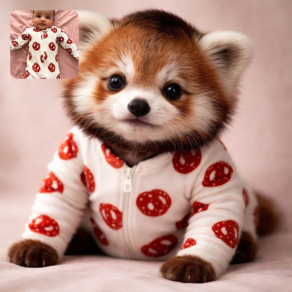 A cute baby lies on a soft pink sheet wearing a white onesie covered in red pretzel prints, looking curiously at the camera with big bright eyes and a slight smile.