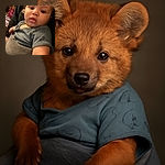 A close-up shot of a curious baby with big eyes and chubby cheeks, wrapped in a blanket and wearing a grey shirt with subtle patterns, with a slightly blurred background showing household items.