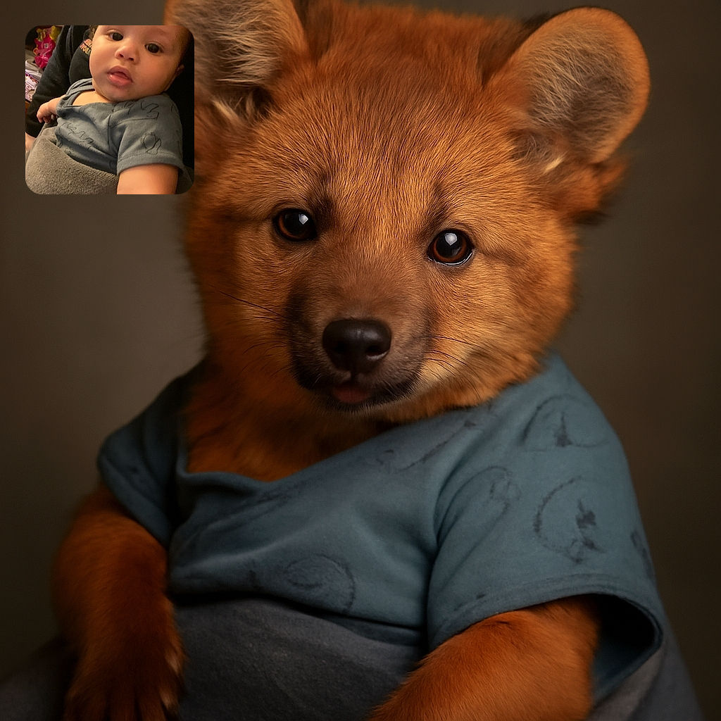 A close-up shot of a curious baby with big eyes and chubby cheeks, wrapped in a blanket and wearing a grey shirt with subtle patterns, with a slightly blurred background showing household items.