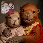 Two adorable young children snuggle close together on a cozy red blanket, one with a gentle smile and the other with a calm expression, creating a heartwarming sibling moment.