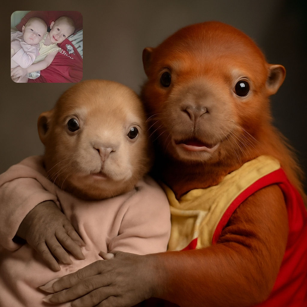 Two adorable young children snuggle close together on a cozy red blanket, one with a gentle smile and the other with a calm expression, creating a heartwarming sibling moment.