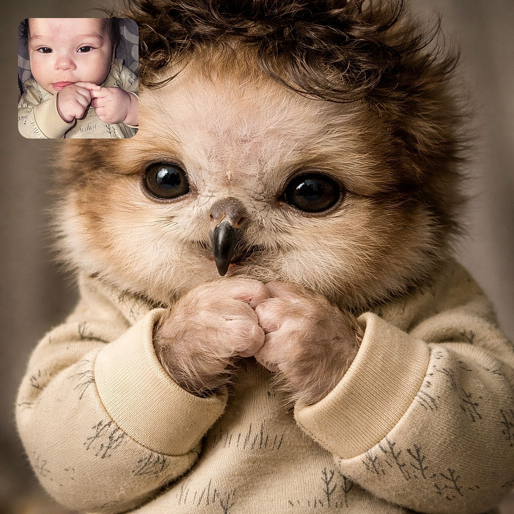 A close-up photo of an adorable baby with curly hair, wearing a beige outfit with tree patterns, gazing curiously at the camera while clasping their tiny hands near their mouth.