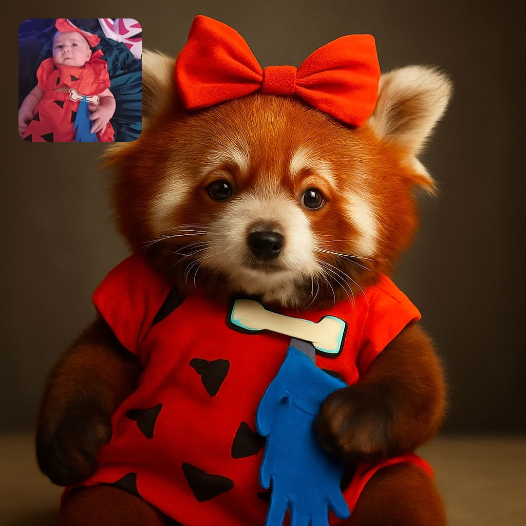 A slightly blurry photo of a baby dressed in a bright orange costume with black triangles and a blue bone accessory, lying down with a curious expression, surrounded by a dark background and some colorful objects.
