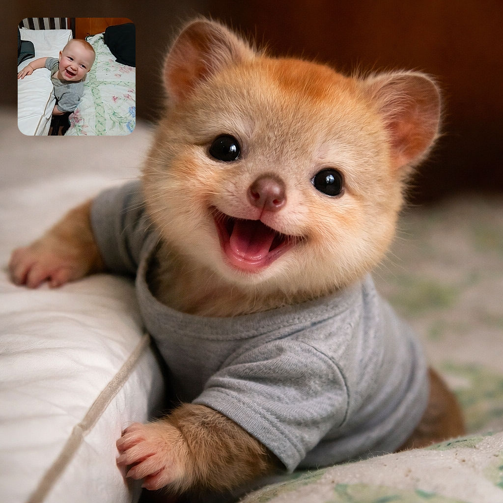 A joyful baby with a big smile is caught mid-laugh, leaning on a bed with floral sheets and a wooden headboard in the background, radiating pure happiness and curiosity.