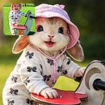 A cheerful toddler wearing a pink sunhat and a cozy outfit with bow patterns is happily playing on a duck-shaped playground rocker on a bright green turf under the sunny sky. The child's joyful smile lights up the vibrant outdoor scene, framed by a fence and trees in the background.