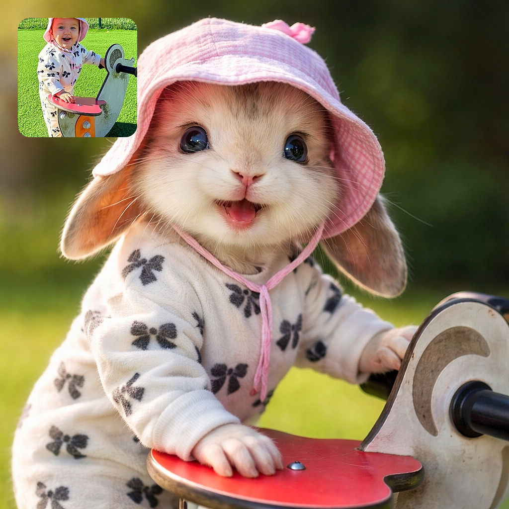 A cheerful toddler wearing a pink sunhat and a cozy outfit with bow patterns is happily playing on a duck-shaped playground rocker on a bright green turf under the sunny sky. The child's joyful smile lights up the vibrant outdoor scene, framed by a fence and trees in the background.