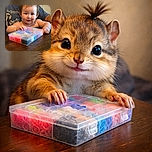 A curious toddler with a tiny ponytail is joyfully holding a colorful box of rubber bands, sitting at a wooden table with an adult partially visible behind them wearing a Tim Burton shirt. The warm lighting highlights the child's adorable expression and chubby arms.