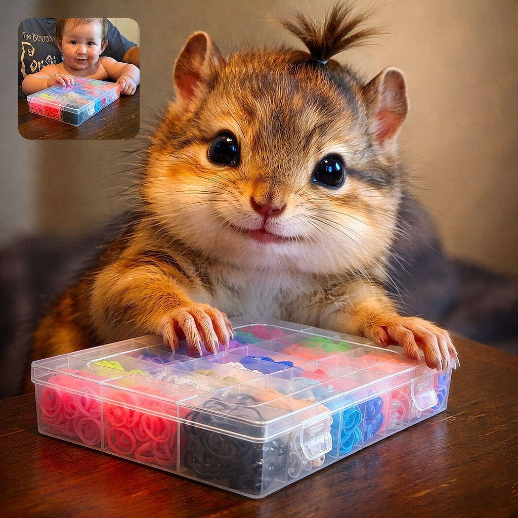 A curious toddler with a tiny ponytail is joyfully holding a colorful box of rubber bands, sitting at a wooden table with an adult partially visible behind them wearing a Tim Burton shirt. The warm lighting highlights the child's adorable expression and chubby arms.