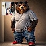 A towering adult stands in a doorway like a protective skyscraper while a tiny toddler in 'Grinch' pajamas clings to their finger — an adorably mismatched duo taking over the tiled floor. The scene is warm, casual, and slightly chaotic with a purse and table to the side and bright red slippers stealing the spotlight.