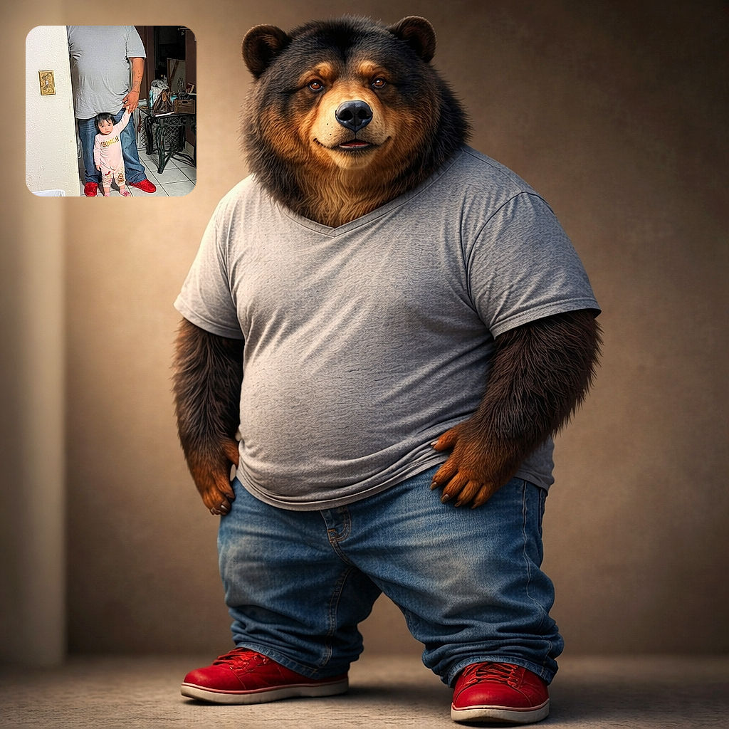 A towering adult stands in a doorway like a protective skyscraper while a tiny toddler in 'Grinch' pajamas clings to their finger — an adorably mismatched duo taking over the tiled floor. The scene is warm, casual, and slightly chaotic with a purse and table to the side and bright red slippers stealing the spotlight.